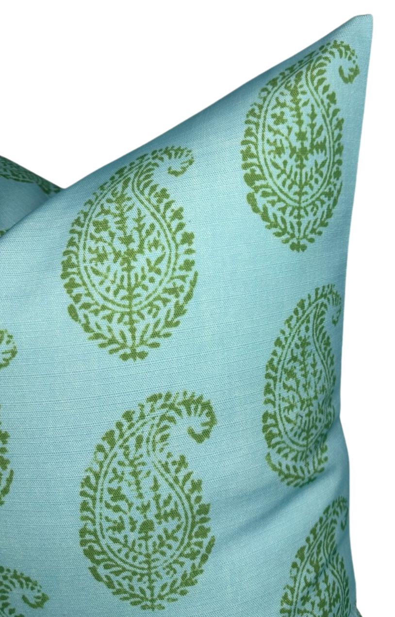 Kashmir Paisley Floral Pillow Cover in Green and Blue, Indoor/Outdoor Pillows, Peter Dunham Textiles