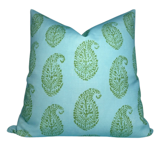 Kashmir Paisley Floral Pillow Cover in Green and Blue, Indoor/Outdoor Pillows, Peter Dunham Textiles