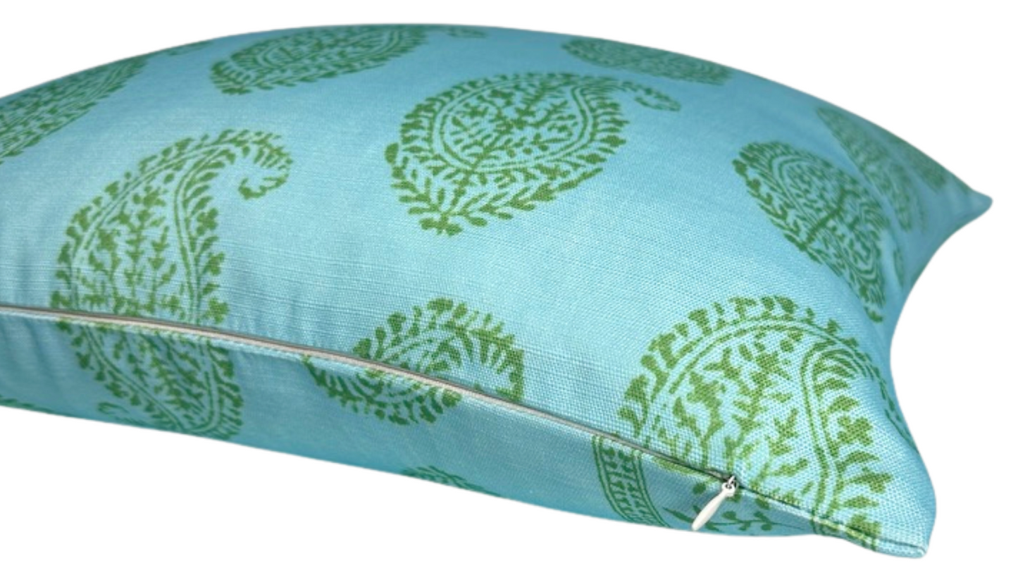 Kashmir Paisley Floral Pillow Cover in Green and Blue, Indoor/Outdoor Pillows, Peter Dunham Textiles
