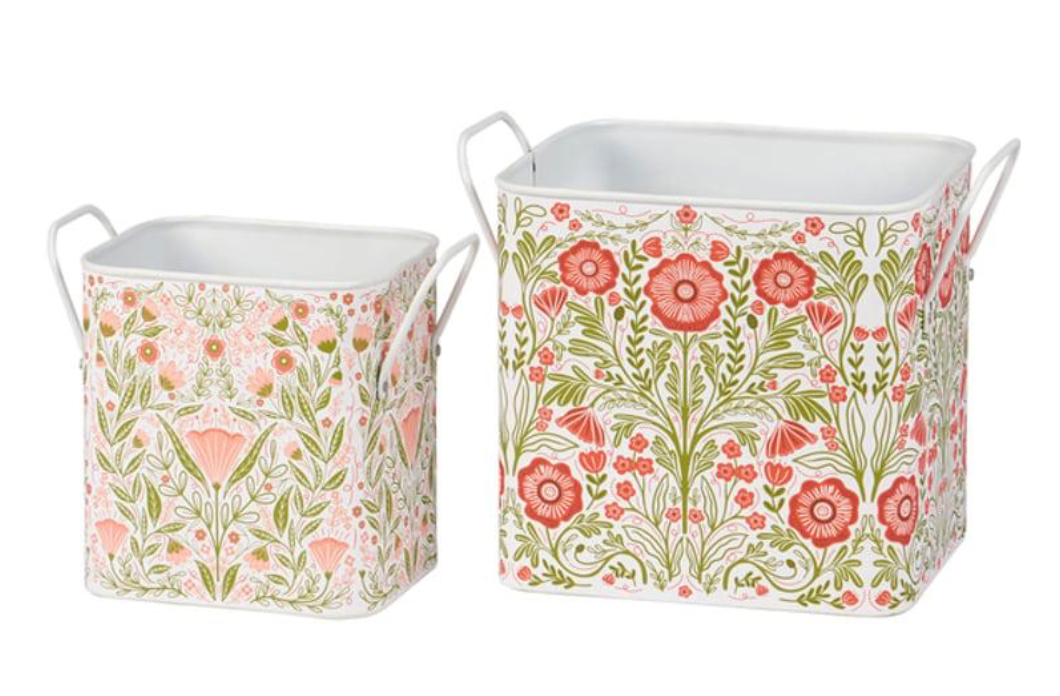 Botanical Folk Art Metal Storage Bin (Assorted Sizes)