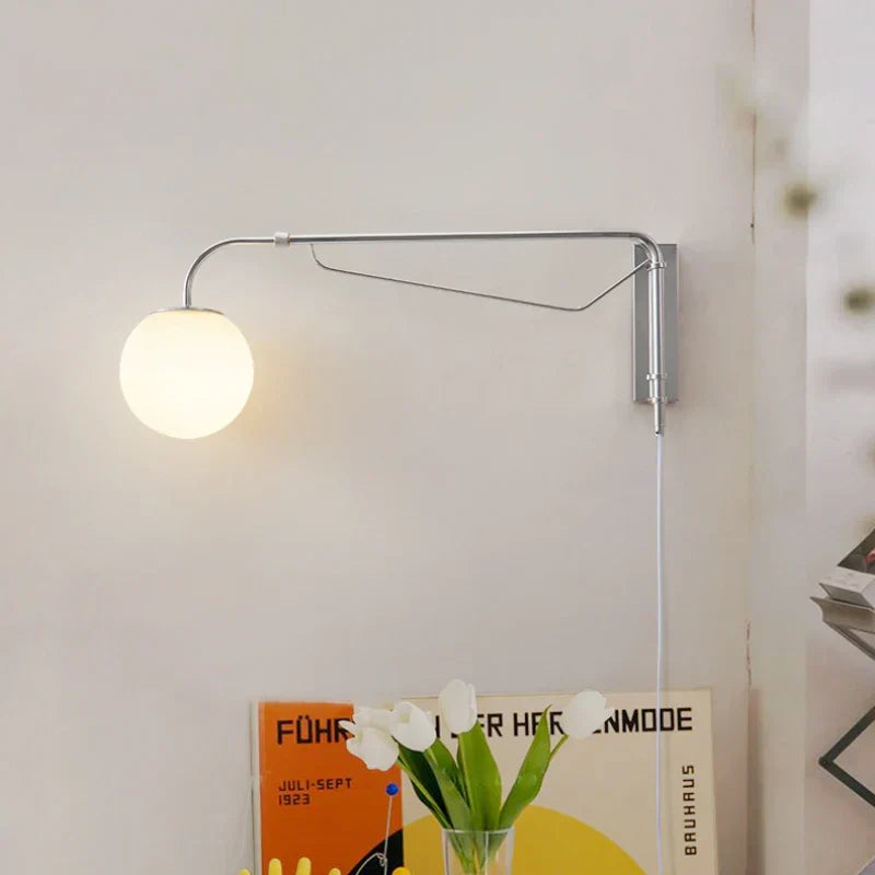 Rocker Arm Wall Lamp - Modern Bedroom and Living Room Reading Light with Milky White Glass Bubble Lampshade