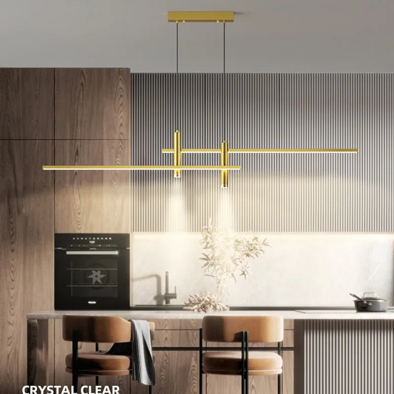 Sleek Black and Gold LED Chandelier - Minimalist Lighting for Kitchen and Dining Room Decor