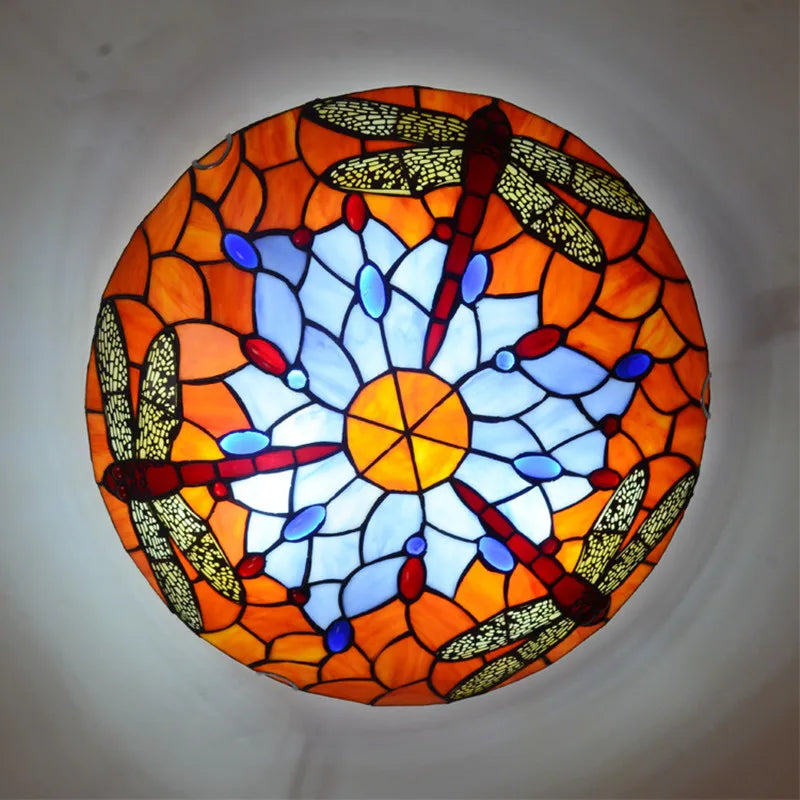 European-Style Tiffany Round Glass Ceiling Lights - Elegant Illumination for Restaurants, Corridors, Bedrooms, and More