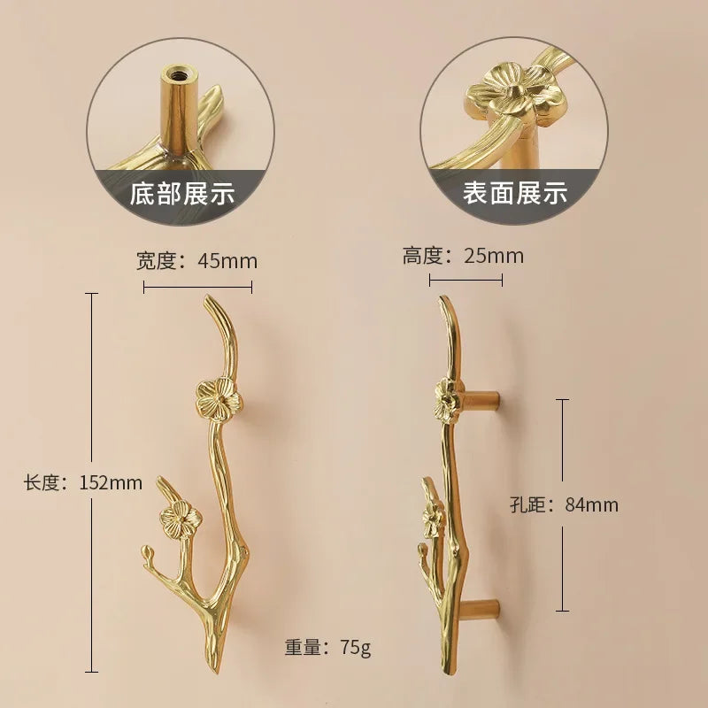 Luxury Brass Flower and Leaf Cabinet Handles – Chinese-Style Decorative Pulls for Wardrobes and Drawers