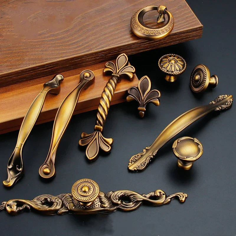 Antique Yellow Bronze Cabinet Handles - Brushed Vintage Drawer Pulls for Kitchen and Wardrobe Doors