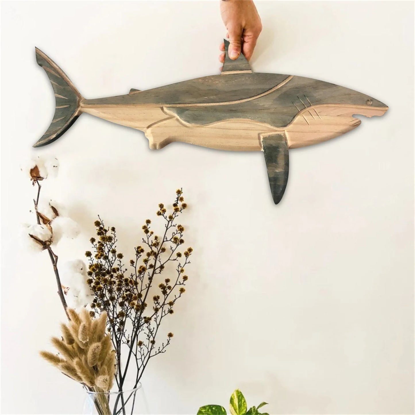Wooden Sea Fish Decor Statue Whale Figurine Sculpture Ornament Wall Hanging Rustic Decor Home Living Room Bedroom Sculpture