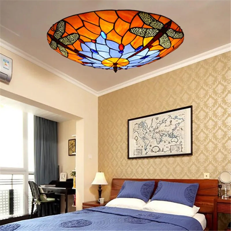 European-Style Tiffany Round Glass Ceiling Lights - Elegant Illumination for Restaurants, Corridors, Bedrooms, and More