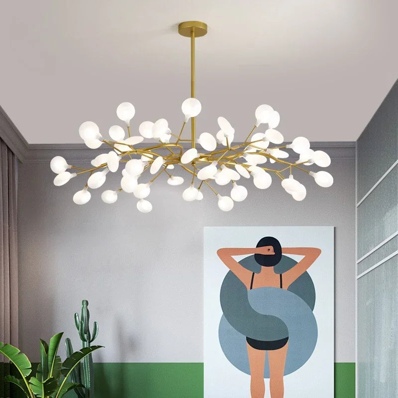 Modern Firefly LED Chandelier - Black and Gold Ceiling Pendant Lamp for Living Room, Bedroom, Hall, and Minimalist Home Decor Indoor Lighting