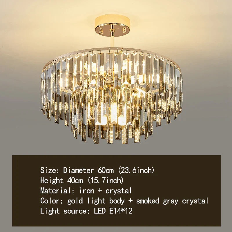 Elegant Modern Crystal Gold Chandelier - Round Smoked Gray Crystal Design - Perfect for Luxury Living Rooms and Bedrooms