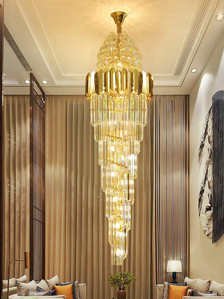Luxurious Interior Hall Stairwell Golden Chandelier - Modern Elegance with Clean Crystal Ball Accents and LED Lighting