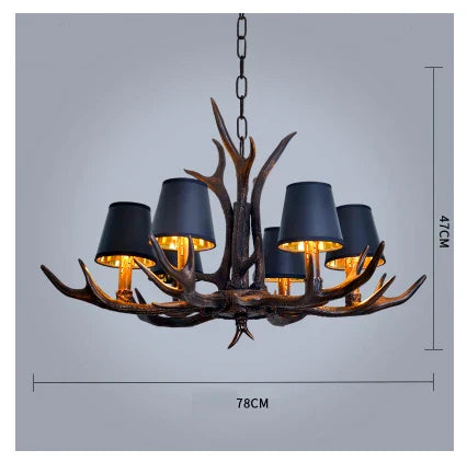 American Industrial Antler Chandelier with Vintage Black Lampshade - Perfect for Dining Rooms, Villas, and Living Spaces