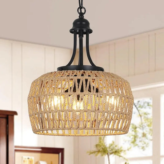 Boho Rattan Farmhouse Chandelier - 3-Light Ceiling Fixture with Exquisite Woven Lampshade for Your Dining Room