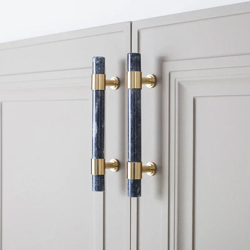 Natural Marble and Crystal T-Bar Cabinet Handles – Modern Brass Knobs for Kitchen, Dresser, and Furniture Pulls
