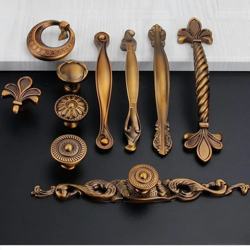 Antique Yellow Bronze Cabinet Handles - Brushed Vintage Drawer Pulls for Kitchen and Wardrobe Doors
