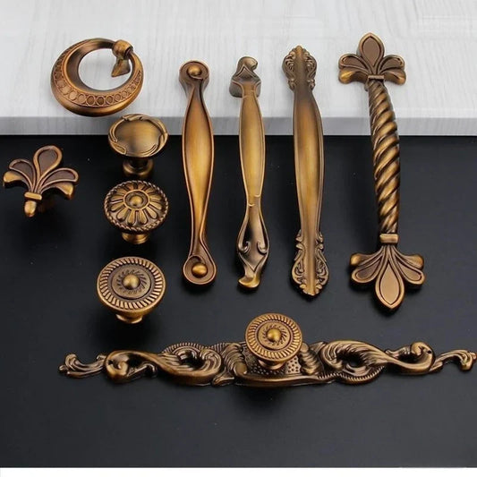 Antique Yellow Bronze Cabinet Handles - Brushed Vintage Drawer Pulls for Kitchen and Wardrobe Doors