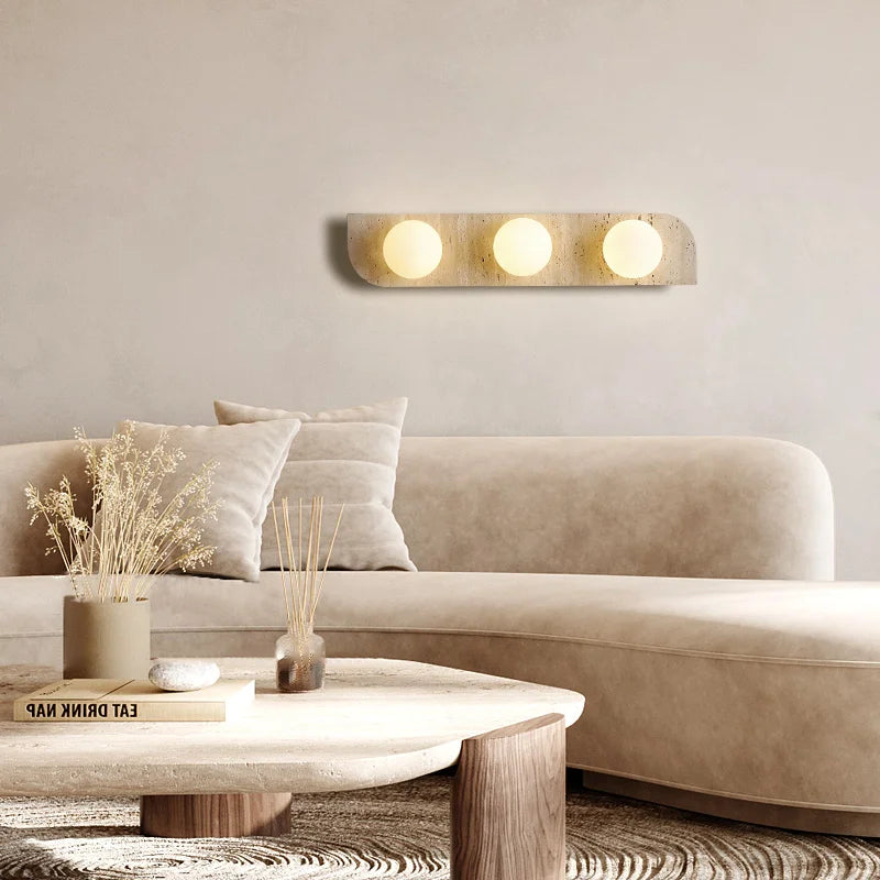 Retro Three-Head Natural Stone Art Wall Lamp - Yellow Travertine and White Glass Lampshade for Atmospheric Corridor Lighting