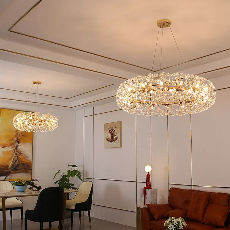 Elegant Modern Gold K9 Crystal Hanging Chandelier - A Luxury LED Fixture for Living and Dining Spaces