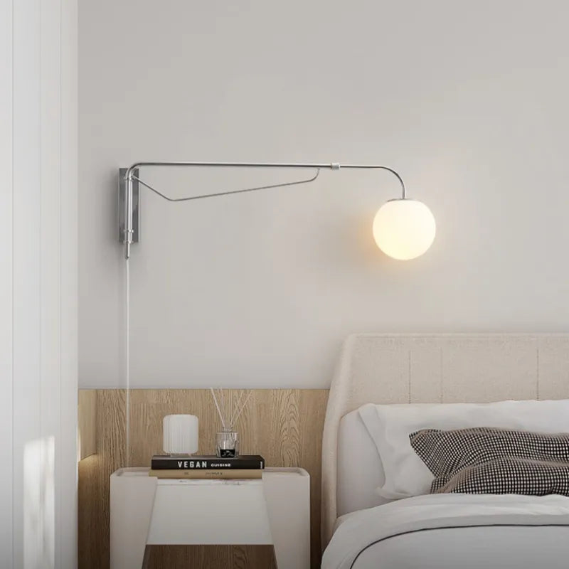 Rocker Arm Wall Lamp - Modern Bedroom and Living Room Reading Light with Milky White Glass Bubble Lampshade