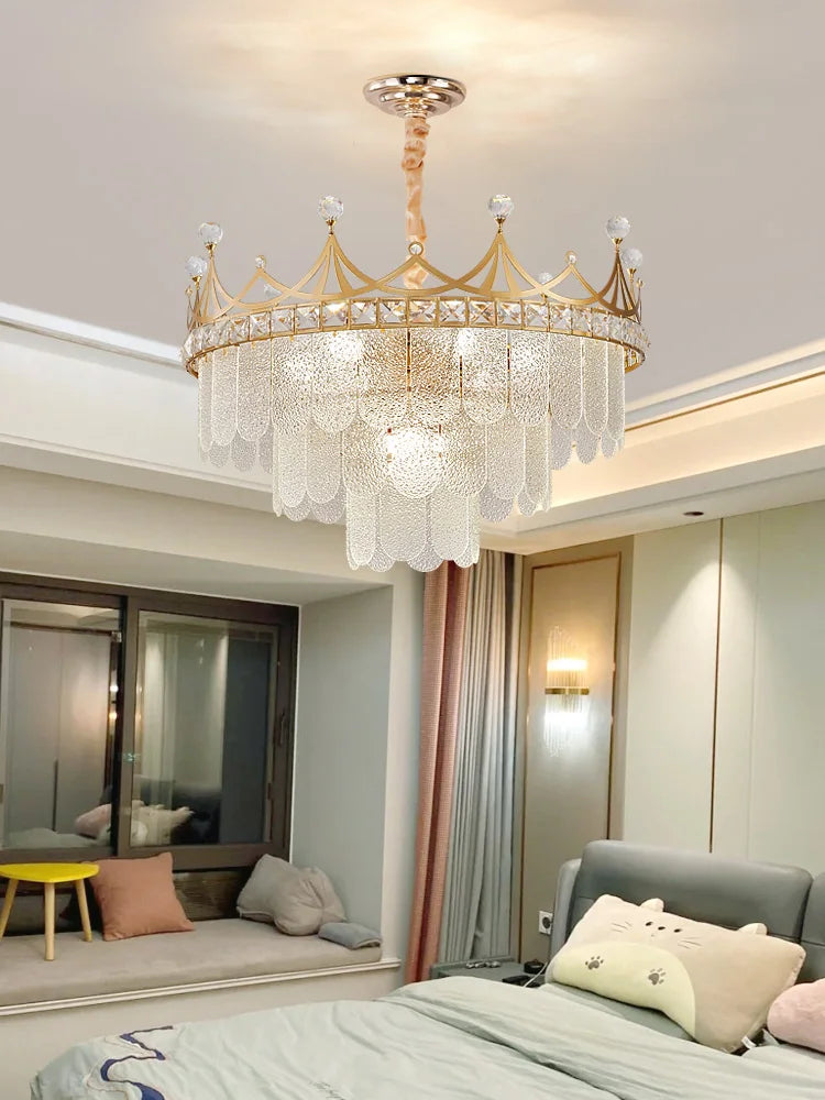 Elegant Modern Minimalist Crown K9 Crystal Chandelier - A Round Golden Fixture for Living Rooms and Bedrooms