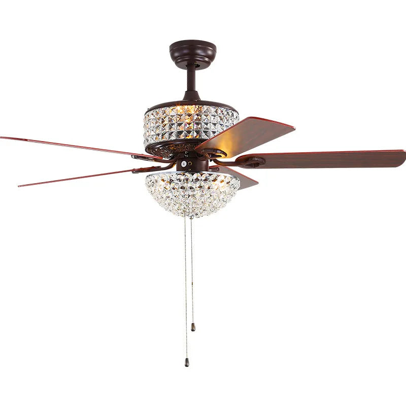 52 Inch Crystal Ceiling Fan with Lights Chrome Chandelier Remote Control Reversible Wood Blades for Living Room Bedroom