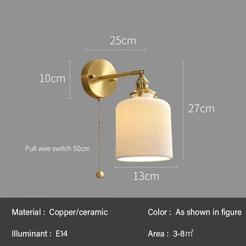 Rotary Brass Ceramic Wall Lamp with Pull Switch - Customizable LED Sconce for Bedroom and Interior Lighting