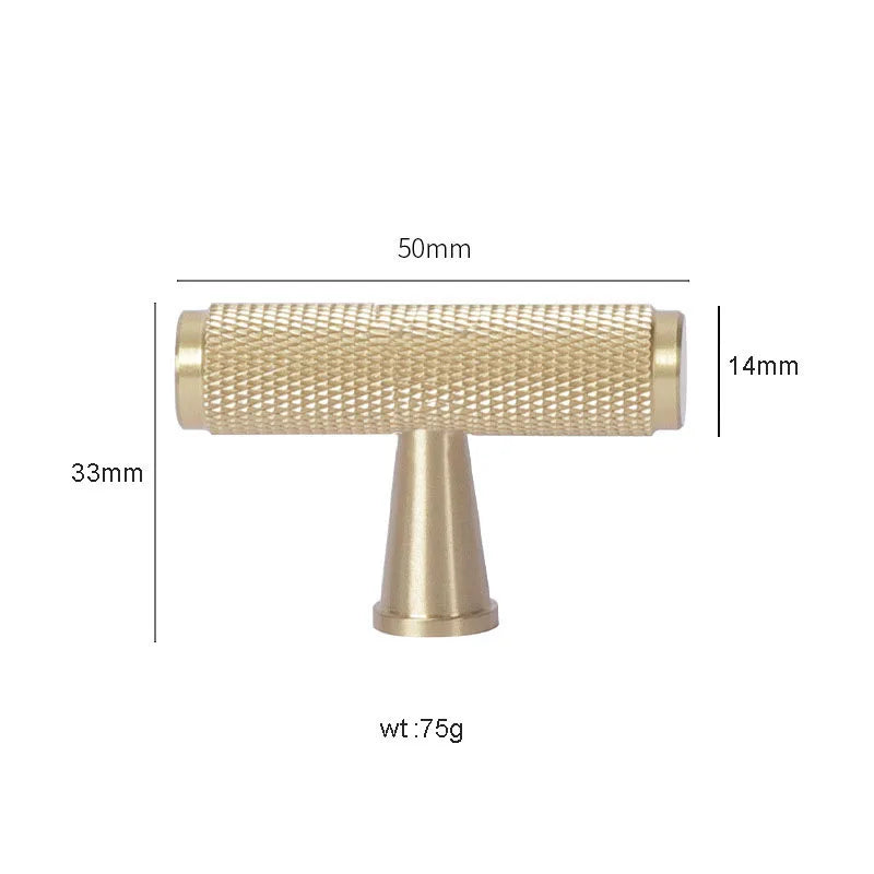 Gold Knurled Brass Kitchen Cabinet Handles – T-Bar Drawer Pulls and Copper Knobs (14mm Diameter)