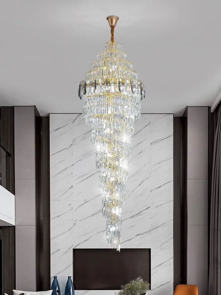 Modern Luxury Staircase Chandelier - Golden Elegance with Crystal Accents for Duplex Buildings, High Ceilings, and Decorative Lighting