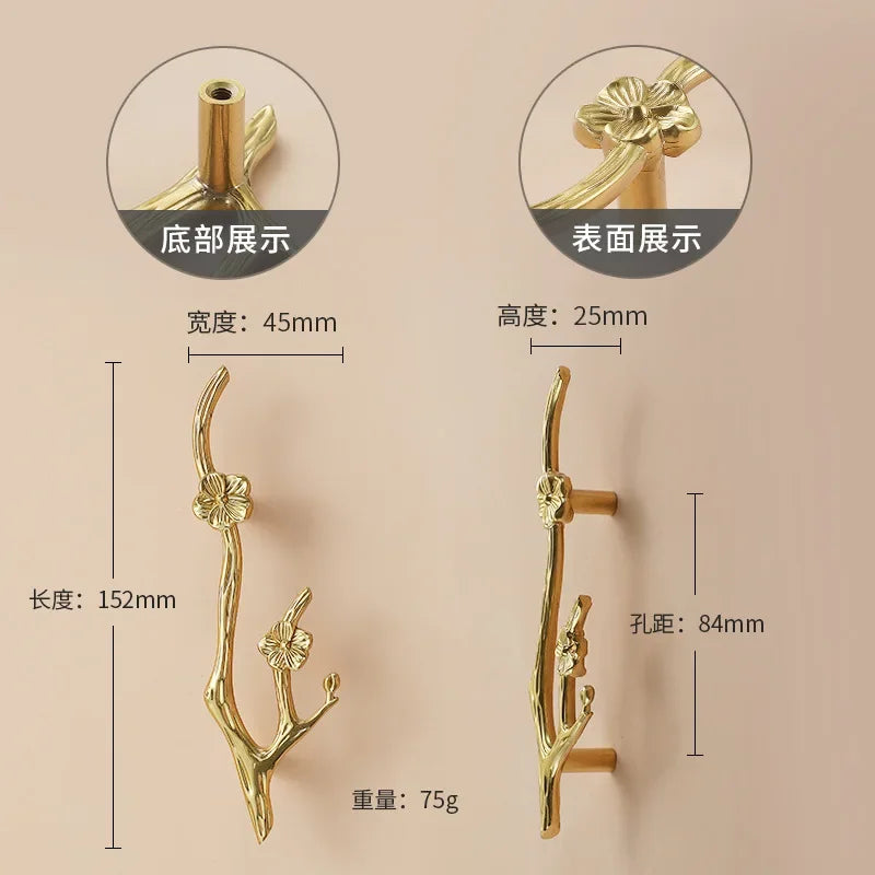 Luxury Brass Flower and Leaf Cabinet Handles – Chinese-Style Decorative Pulls for Wardrobes and Drawers