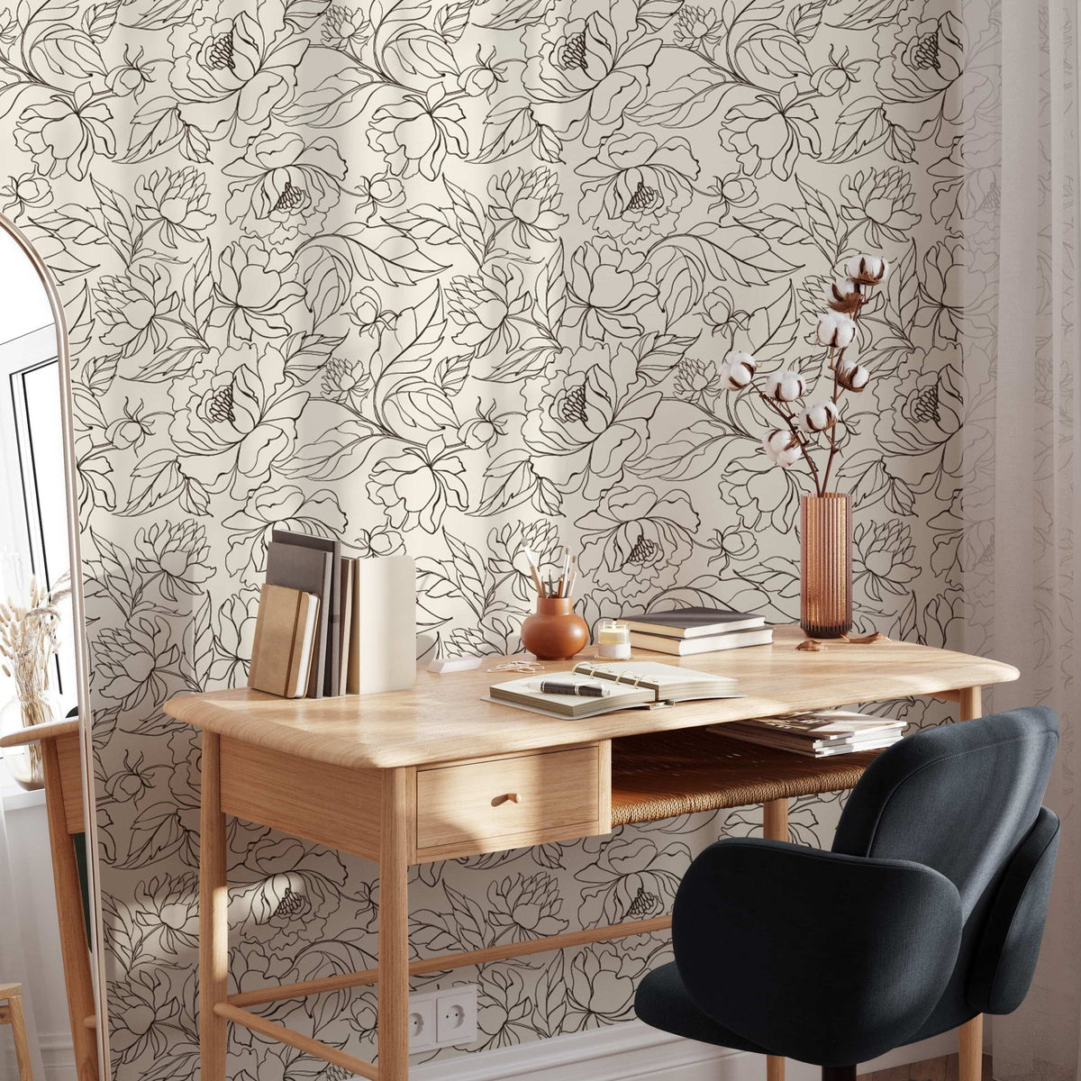 Elegant Line Art Peony Wallpaper
