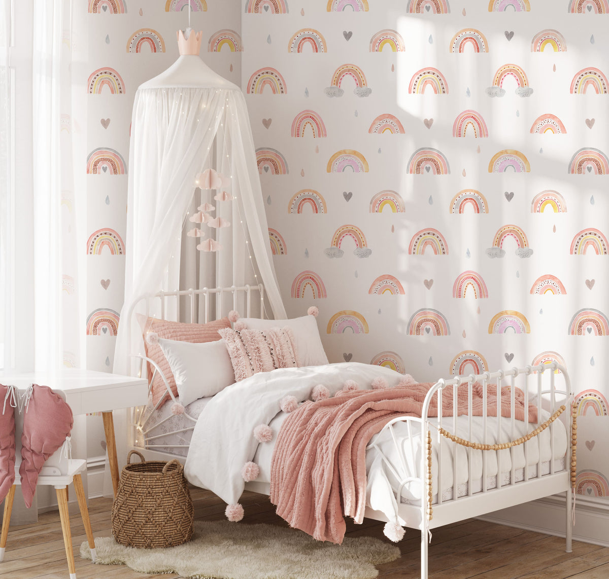 Whimsical Watercolor Rainbow Wallpaper - Hand Painted Pastel Nursery Wallpaper