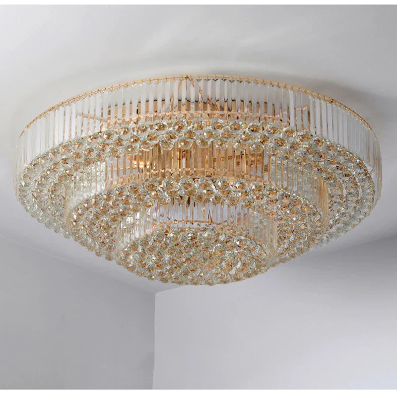 Modern Golden Rectangle Round Crystal Ceiling Light - Elegant LED Lighting for Living Rooms, Dining Rooms, and Bedrooms