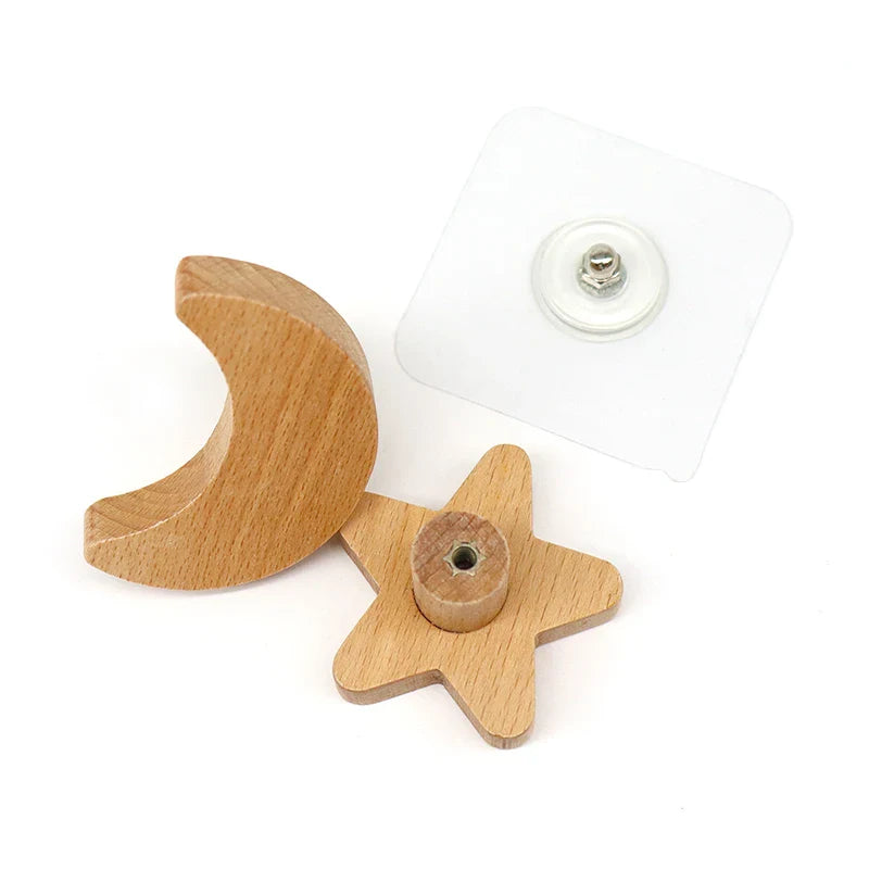 1Pc Star Moon Wooden Hook Multi-Purpose Key Holder Coat Storage Rack Wall Self Adhesive Hook Children Room Decoration Gadgets