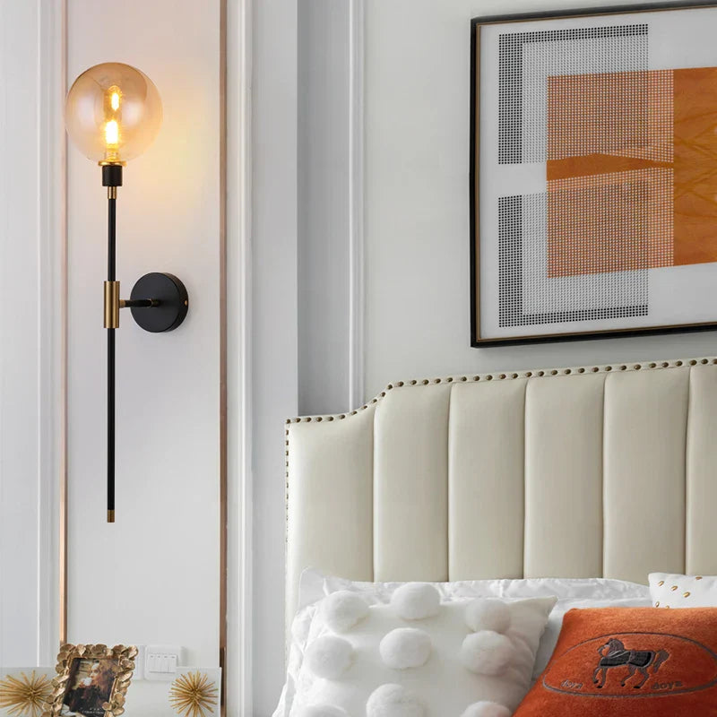 Modern LED Wall Lamp - Black Iron with Glass Ball - Wall Lamps for Living Room, Bedroom, Loft Decor - Nordic Home Bedside Wall Light Fixtures