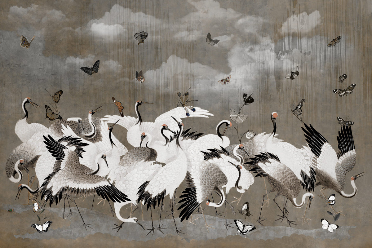 Sepia Japanese Chinoiserie Cranes Wall Mural