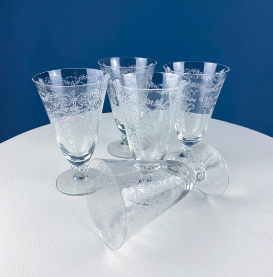 Vintage Fostoria Romance Juice Water Iced Tea Parfait Goblets. Set of 5 Etched Crystal Stemware. Dining Room Table Decor. Gift for Him Her.