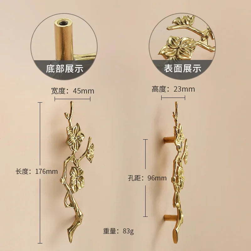 Luxury Brass Flower and Leaf Cabinet Handles – Chinese-Style Decorative Pulls for Wardrobes and Drawers