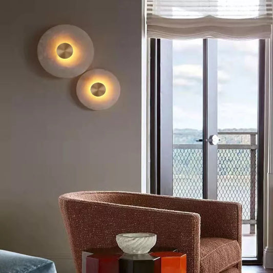 Art Deco Round LED Wall Sconce - Natural Marble and Brass Elegance for Parlor, Aisle, and Corridor Atmosphere Decoration