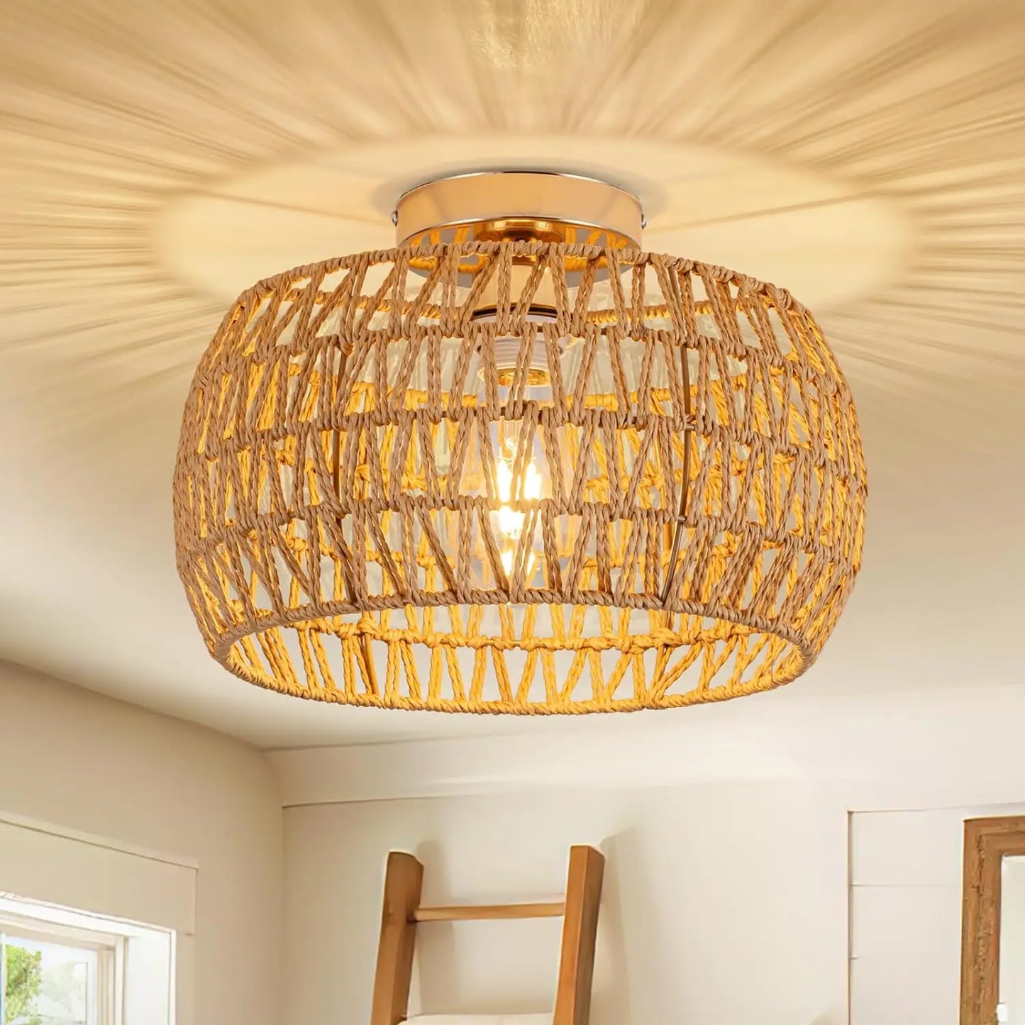 Boho Rattan Flush Mount Ceiling Light - Hand-Woven Elegance for Your Space