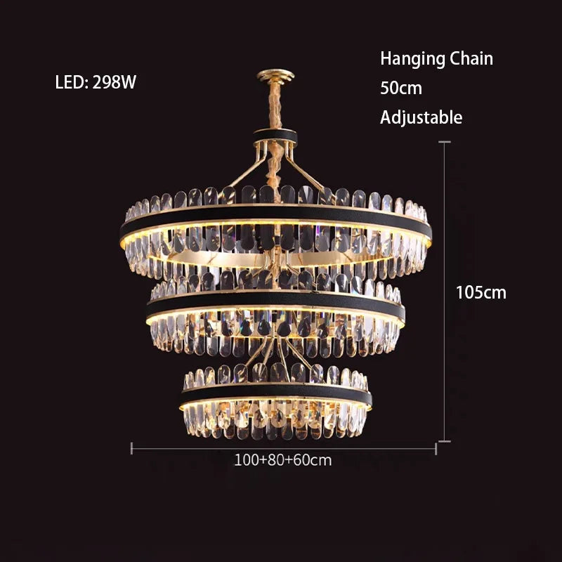 Dimmable LED Crystal Oval Ceiling Chandeliers - Black Leather Luxury Lustres for Dining Room Decor