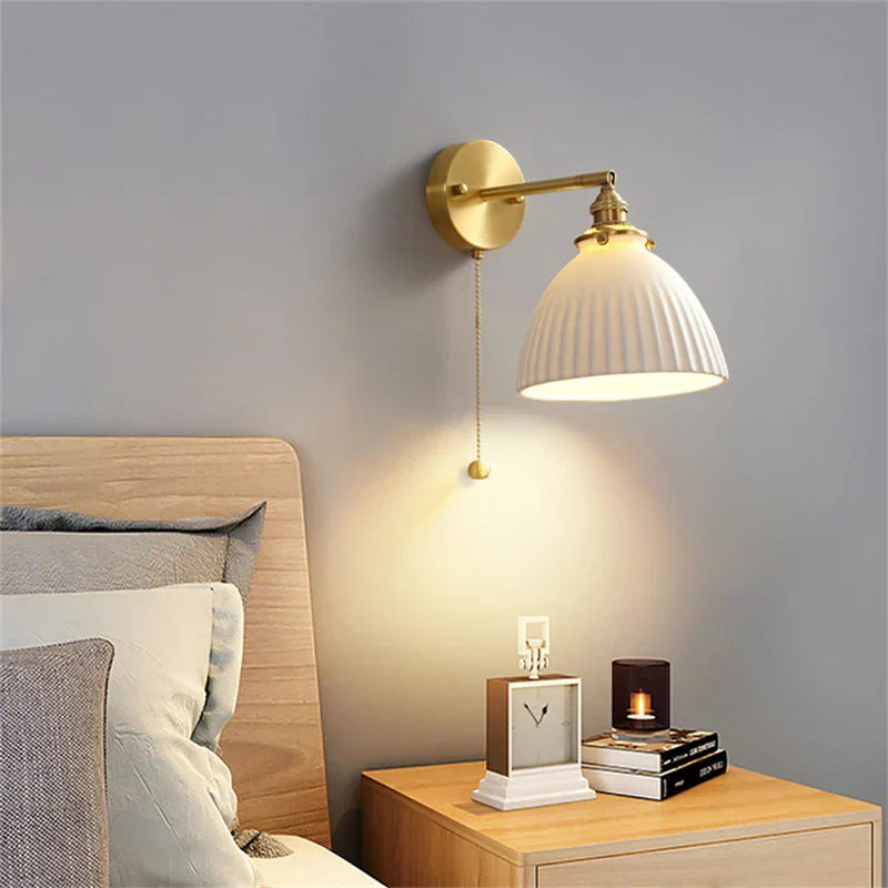 Nordic Home Decoration Bedside Ceramic Wall Light - LED Fixture with Pull Switch for Living Room and Bedroom, Adjustable Sconce Lamp