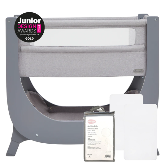 Shnuggle Air Lite Bedside Bassinet | Infant Crib | Height Adjustable Baby Bed with Mattress + 1 Waterproof + 2 White Sheets
