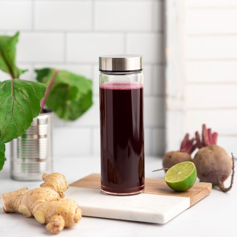 Skinny Series Wide Mouth Glass Bottles Set w/ Stainless Steel Lids, 16 oz