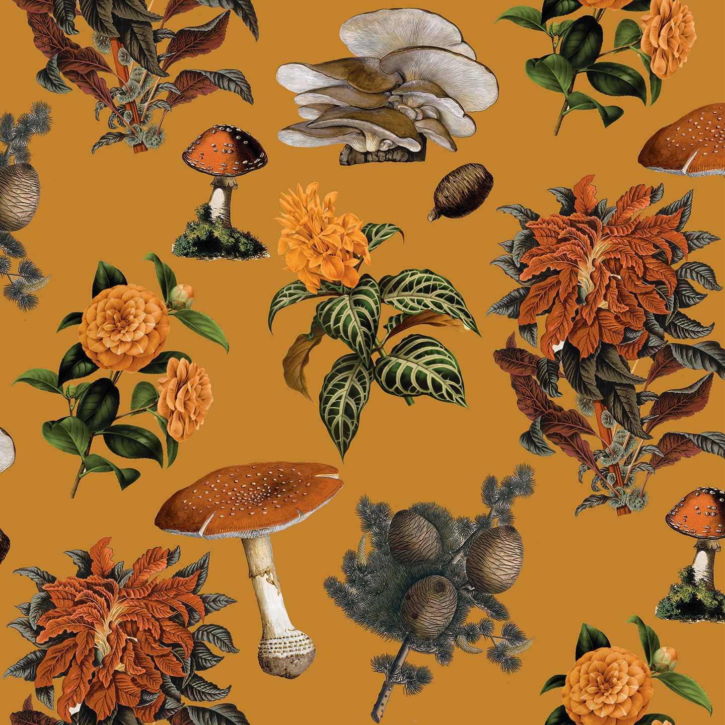 Mushrooms Wallpaper, gold & marigold