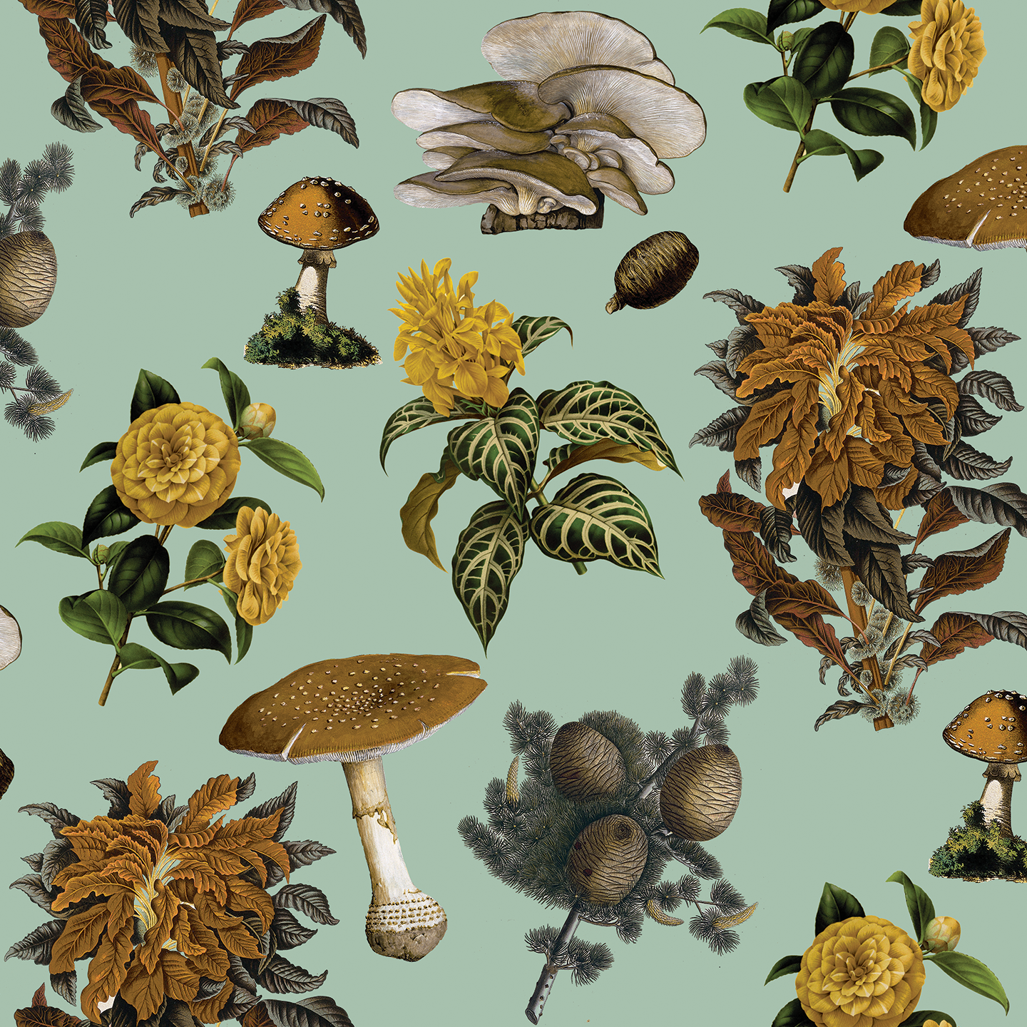Mushrooms Wallpaper, mint and mustard