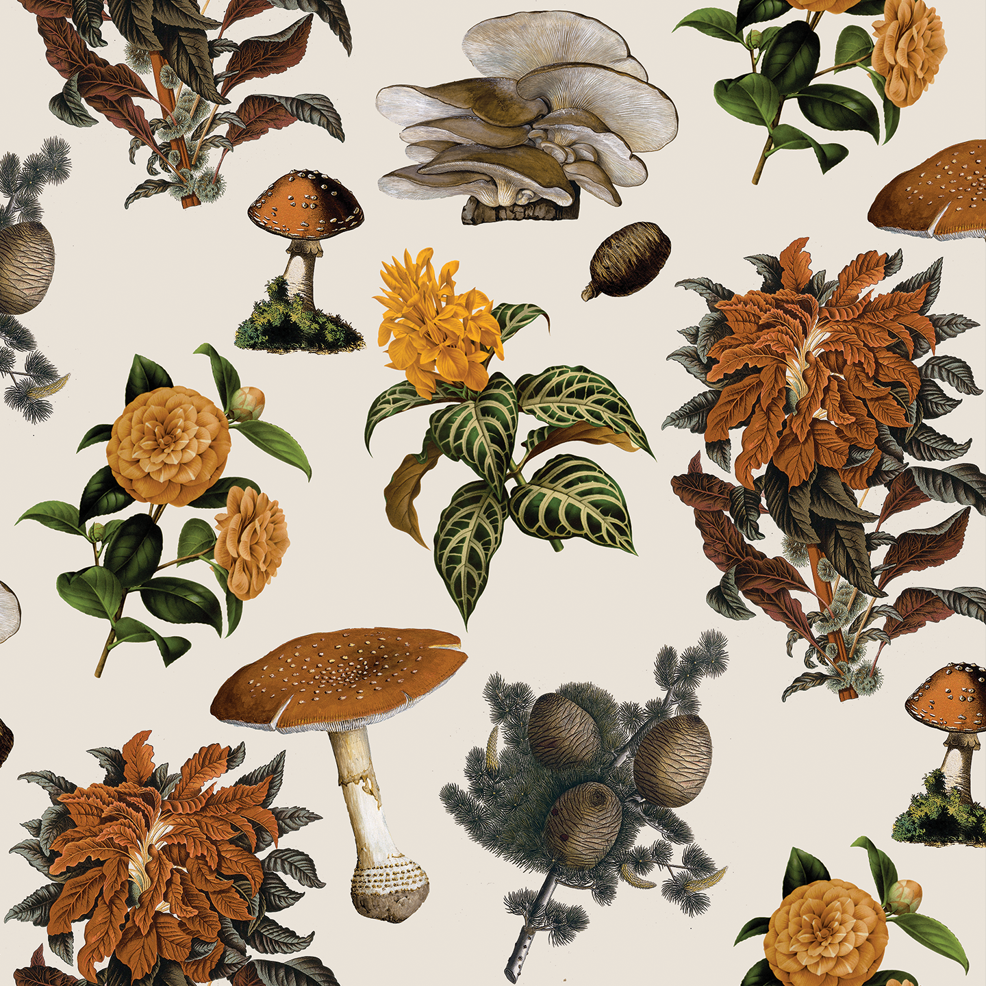 Mushrooms Wallpaper, off-white and marigold
