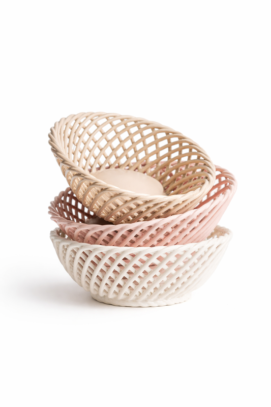 Hand-Woven Ceramic Basket -Small Oval Porcelain Dish in White, Beige & Pink