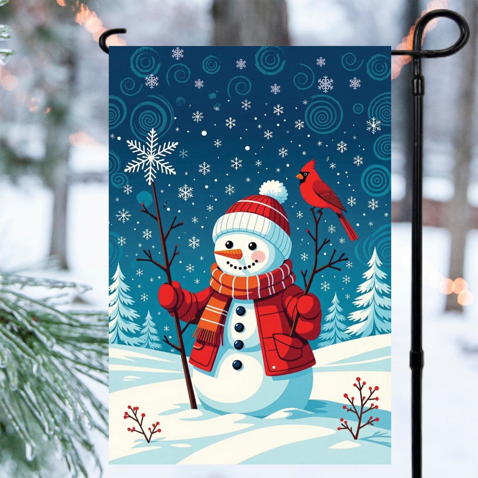 Swirly Snowman Winter Garden Flag featuring a cheerful snowman, red cardinal, and swirling snowflakes.