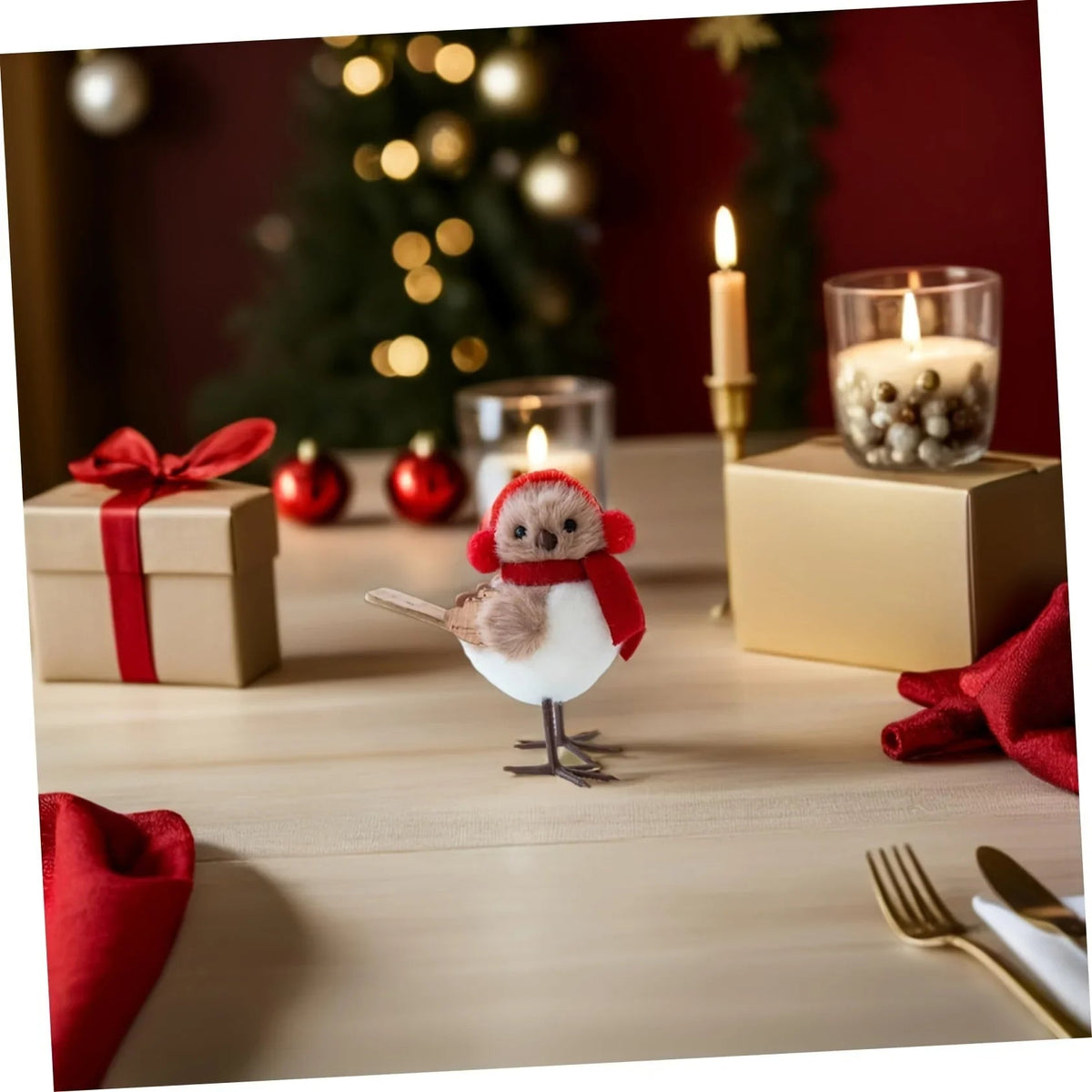 Soft Fabric Plush Bird Ornaments with Santa Hats - 3 Piece Set