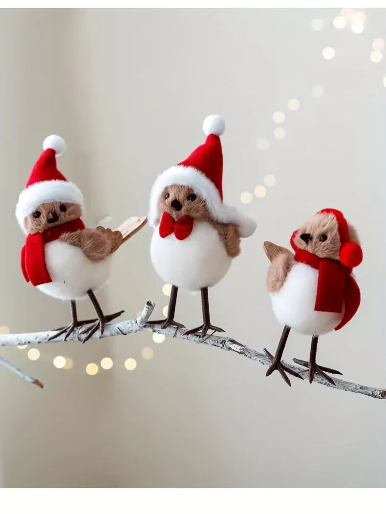Soft Fabric Plush Bird Ornaments with Santa Hats - 3 Piece Set