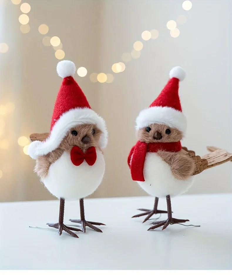 Soft Fabric Plush Bird Ornaments with Santa Hats - 3 Piece Set